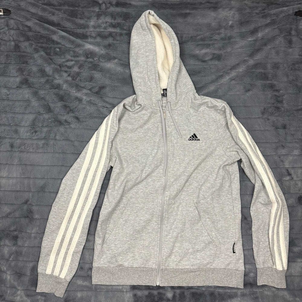 Adidas Mens Grey Full Zip Sherpa Lined Hoodie 3-Stripes Jacket Large 7521